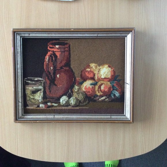Beautiful handmade needlework yarn art wall hanging framed still life fruits mug - Picture 1 of 7